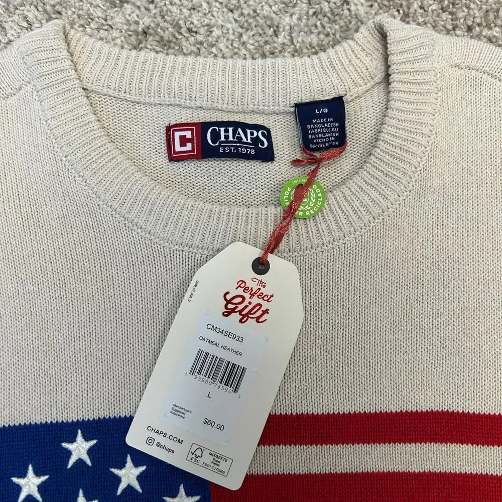 Chaps American Flag‎ USA Sweater Men Size Large Oatmeal Heather Crewneck NWT